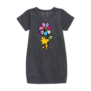 - Peanuts - Woodstock With Flower And Pattern Graphic Short Sleeve Fleece Dress - 1 of 3