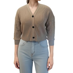 Plus Size Women's Chunky Knit Open Front Sweater Long Sleeve Button Loose Short Cardigan Outerwear Coats - 1 of 1