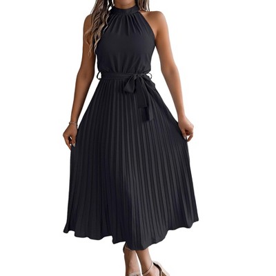 Women's 2025 Summer Sleeveless Halter Neck Pleated Midi Cocktail Dresses A Line Flowy Beach Sun Dress with Belt