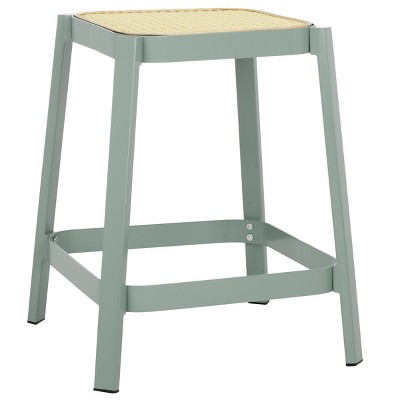 Aqua Smoke and Natural Cane Accent Stool with Iron Frame