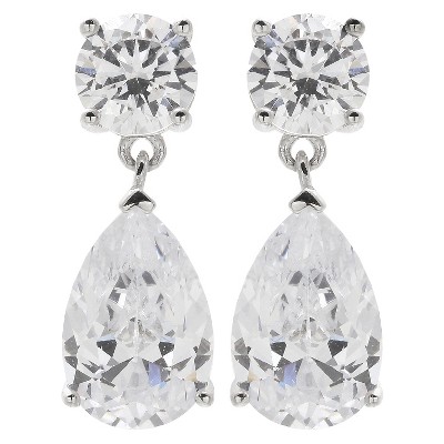  Women's Drop Earrings with Round and Pear Clear Cubic Zirconias in Sterling Silver - Clear (0.8") 