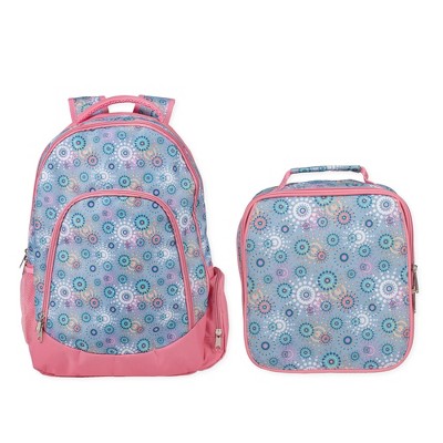Reinforced and Water Resistant Padded Laptop School Backpack and Insulated Soft Cooler Lunch Bag Set, Starburst Pink