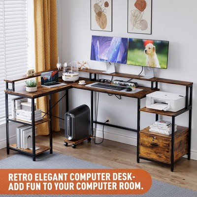 Whizmax L Shaped 76" Reversible L Shaped Computer Desk with File Drawer, Power Outlet and Monitor Shelf, Corner Desk for Home Office