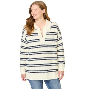 Woman Within Plus Size Waffle Polo Sweater - 1 of 4
