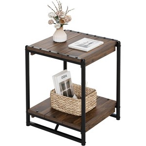 Homhougo 20" Large Square Farmhouse Wood Storage End Table- Modern Metal Frame Bed Couch Sofa Side Table/Nightstand, Easy Assembly, Brown - 1 of 4