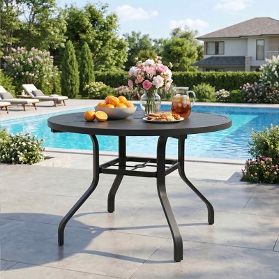MAYEERTY 47" Round Outdoor Patio Dining Table, Wood?Like Grain Metal Table with 1.57" Umbrella Hole for Backyard, Poolside & Garden