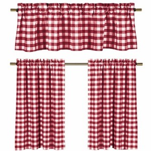 GoodGram Candy Apple Red & White Country Checkered Plaid Kitchen Tier Curtain Valance Set - 58 in. W x 36 in. L - 1 of 2
