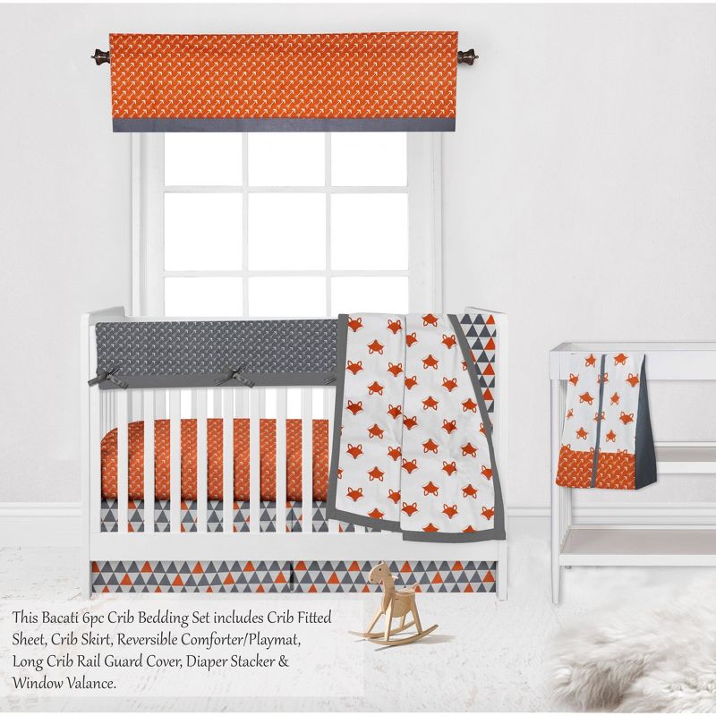 Bacati - Playful Fox Orange Gray 6 pc Crib Bedding Set with Long Rail Guard Cover, 4 of 12