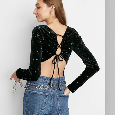 Women's Open Back Lace-Up Bodysuit - Wild Fable™ Black Galaxy XS