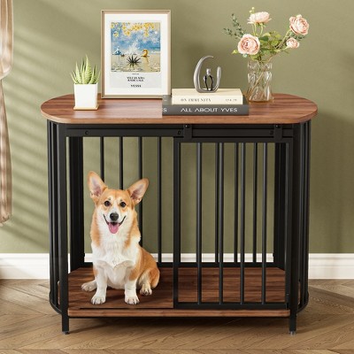 YOOCOZZ Curved Metal Dog Crate with Ventilated Design and Sliding Door for Medium Dogs - Brown