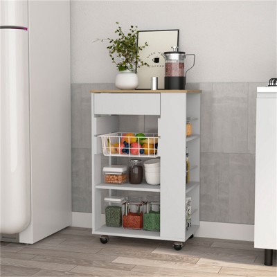 LunaLulinlk Kitchen Cart, One Drawer, Two Open Shelves, Four Casters -White / Light Oak