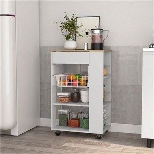 LunaLulinlk Kitchen Cart, One Drawer, Two Open Shelves, Four Casters -White / Light Oak - 1 of 4