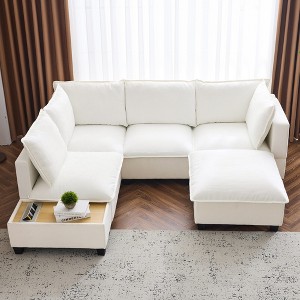 90" Chenille Upholstered Modular Sectional Sofa with Movable Ottoman and Coffee Table with Hidden Charging, Free combination - 1 of 4