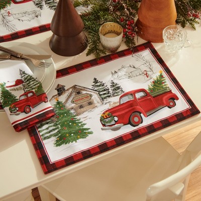 Vintage Christmas Tree Farm Holiday Placemat, Set Of 4 - Red/green ...