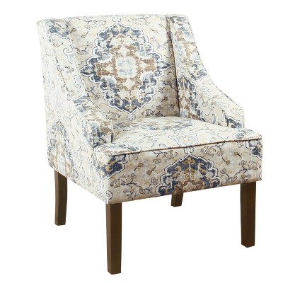 Geometric Patterned Off-White Swoop Arm Accent Chair with Wood Legs