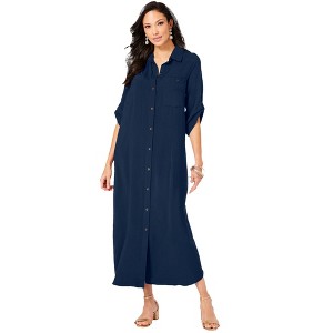 Roaman's Women's Plus Size Collared Button Front Dress - 1 of 4