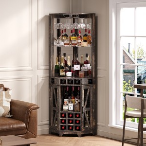 JANSNO 72" Farmhouse Corner Bar Cabinet with Barn Door, Acrylic Mirror & Glass Rack - Walnut - 1 of 4