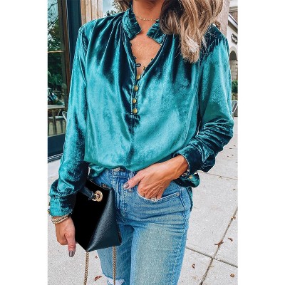 I AM A FASHION JUNKY Desert Palm Frilled Neck Buttoned Front Velvet Top