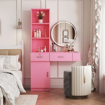 Modern Vertical Dressers,Wooden Dresser With Drawers And Open Shelves,Hair Desk With 3 Round Holes,Vertical Dresser For Bedroom-Cuddlewood