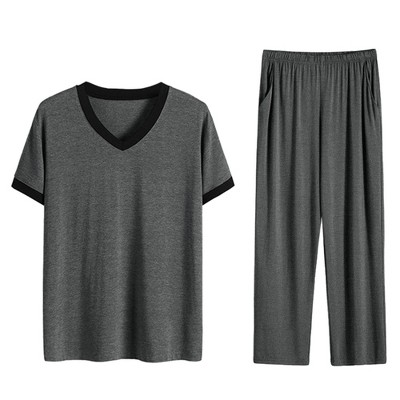 Lars Amadeus Men's Cotton Short Sleeves V Neck Top Bottoms Lounge Sleep Pajamas Sets