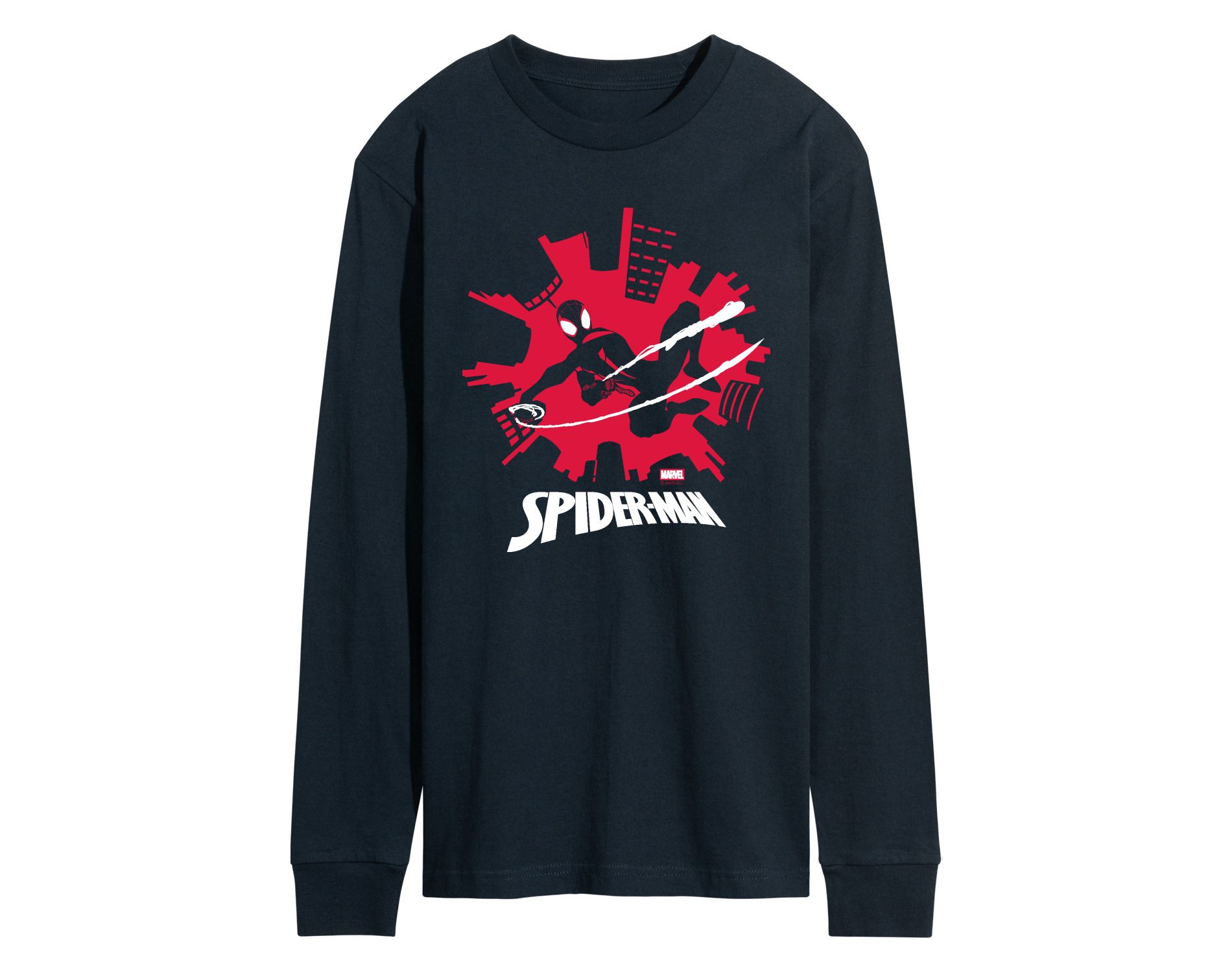 Men's Marvel Spider-Man Miles Skyline Long Sleeve Graphic T-Shirt - Navy - 2 X-Large