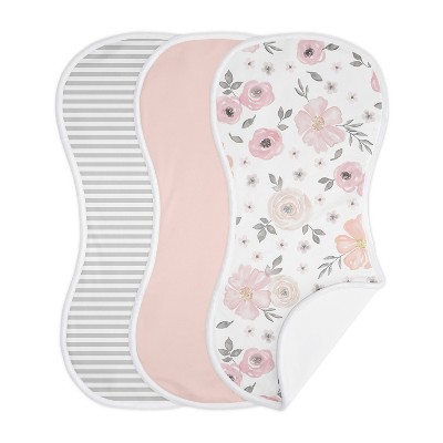 Image of Sweet Jojo Designs Girl Baby Burp Cloths Watercolor Floral Pink and Grey 3pc