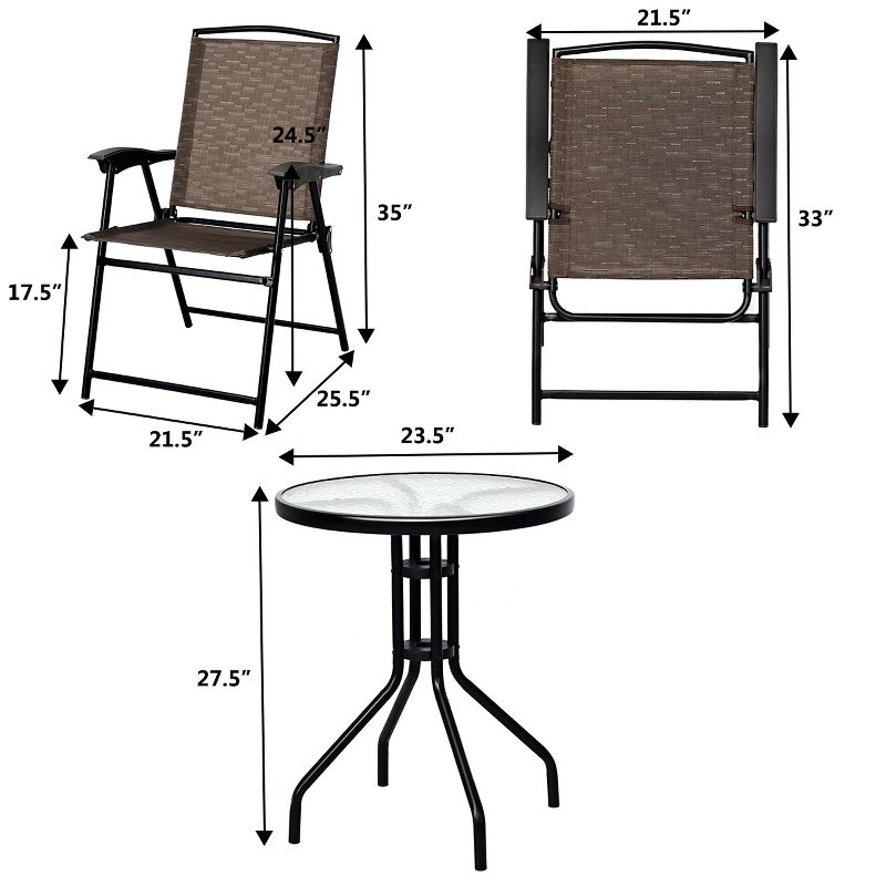 Tangkula 3 PCS Furniture Set Patio Garden Courtyard Table Folding Chairs Glass Table Top, 4 of 10