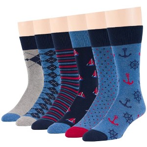 Men Cotton Patterned Dress Sock - 6 Pack - Argyle, Stripe, Dot - Shoe Size 9-12 L - Black, Brown, Navy, Blue | 7BIGSTARS KINGDOM - 1 of 3