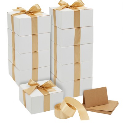 Stockroom Plus 10 Pack Kraft Paper Gift Box with Ribbon for Birthday, Wedding Favors & Party, White, 8 x 8 in