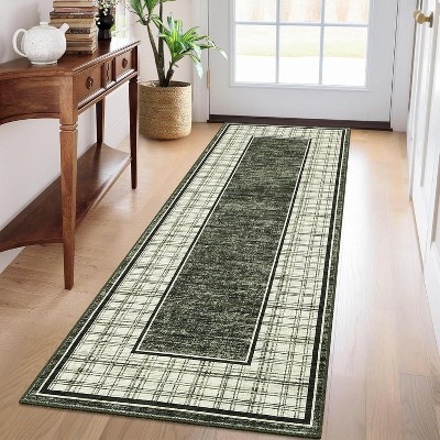 2x6 Green Checkered Runner Rug – Washable Ultra-Thin Non-Slip Carpet for Bathroom, Kitchen, Hallway, Entryway or Bedroom.