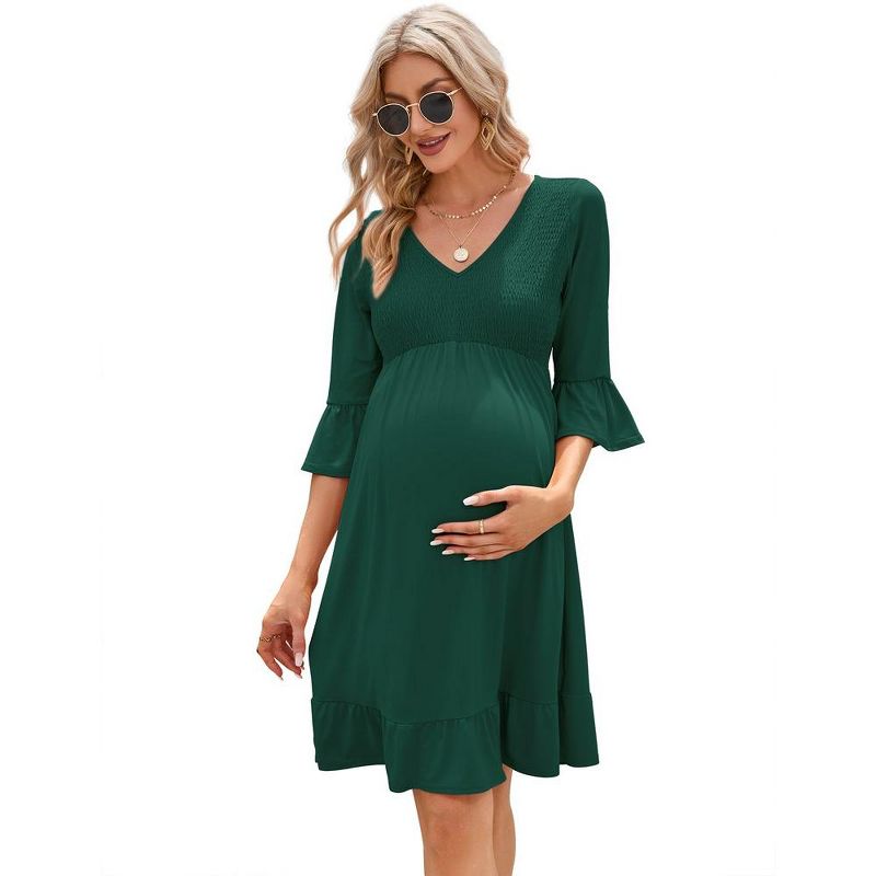 Women's Maternity Smocked 3/4 Sleeve Boho Dress V Neck Fall Casual Ruffle Flowy Midi Dress for Baby Shower Photoshoot, 1 of 8
