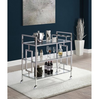Harper Transitional Chrome Glass Serving Bar Cart with Casters