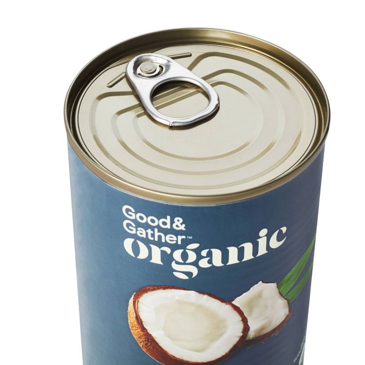 A can with a pull-tab lid labeled "Good & Gather organic" featuring an image of a coconut.