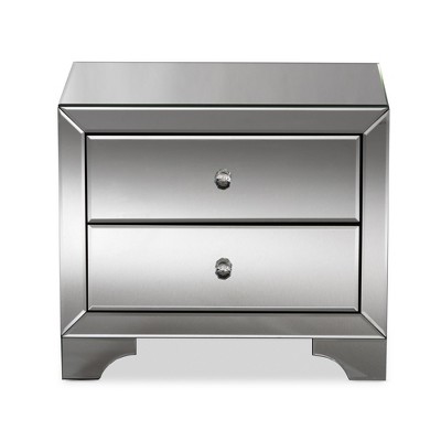 Elegant Silver Mirrored 2-Drawer Nightstand with Crystal Handles