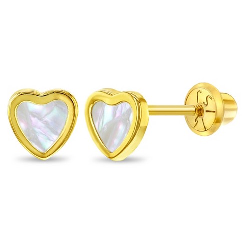 14k Gold Genuine Diamond Heart Baby / Toddler / Kids Earrings Safety Screw  Back, In Season Jewelry
