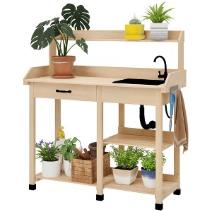 Outsunny Potting Bench Table, Includes Removable Outdoor Sink Station with Hose Hook Up, Wooden Work Station with Faucet, Drawer - 1 of 4