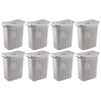 Sterilite Plastic Wicker Style Weave Laundry Hamper, Portable Slim Clothes Storage Basket Bin with Lid and Handles, Cement Gray, 8-Pack