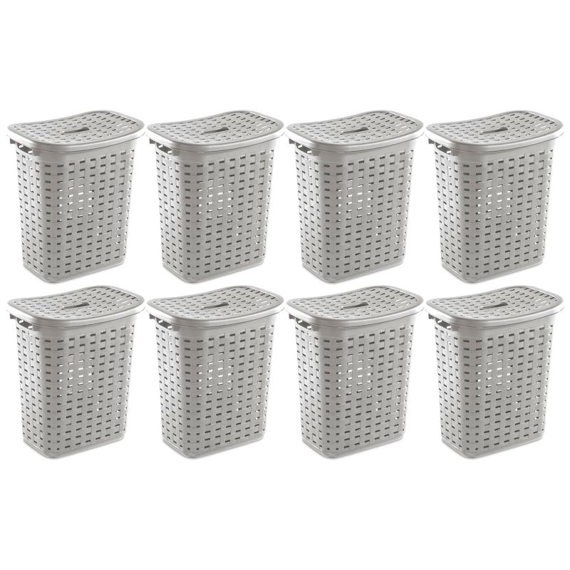 Sterilite Plastic Wicker Style Weave Laundry Hamper, Portable Slim Clothes Storage Basket Bin with Lid and Handles, Cement Gray, 8-Pack, 1 of 7