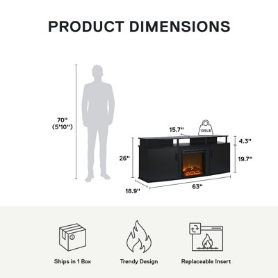 Black 70-Inch TV Stand with Electric Fireplace and Cabinets