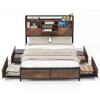 Tangkula Full Size Bed Frame w/ Bookcase Headboard & 4 Storage Drawers Vintage Brown