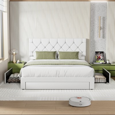 VECELO Queen/Full/Twin Size Bed Frame Leather Upholstered Platform Bed with Drawers and Headboard, Black/White