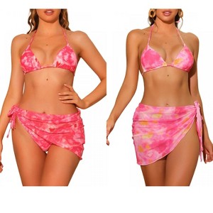 INSPIRE CHIC Women's Dye Halter Tie Triangle Swimsuits with Sarong Cover Ups Beach Skirt Bikini 2 Set - 1 of 4