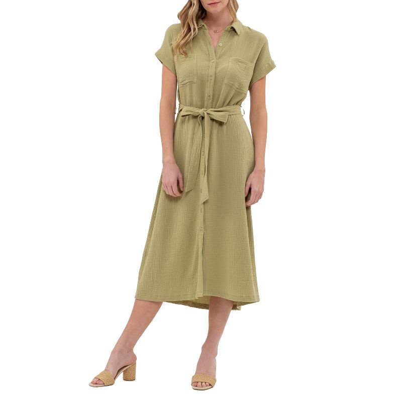 August Sky Women's Solid Point Collar Button Up Shirt Midi Dress, 1 of 5