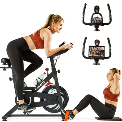 Ksports Home Wool Quiet Felt Resistance Adjustable Cardio Exercise Stationary Bike for Home Gyms with LCD Track Screen, Straps and Ab Mat, Black