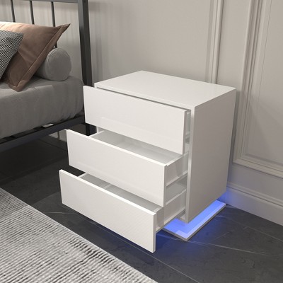 Nightstand Cabinet with 3 Storage Drawers, Bottom LED Lights, End Table Coffee Table, Sofa Side Table for Bedroom Office, Living Room, White