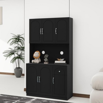 LOVMOR 71"Kitchen Storage Cabinet with Countertop,Freestanding Hutch Cabinet with Adjustable Shelves,6 Doors and 1 Drawer,Black
