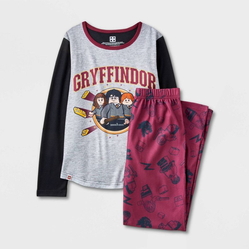 Girls' Harry Potter Gryffindor 2pc Thermal Pajama Set - Dark Purple/Black, 1 of 4