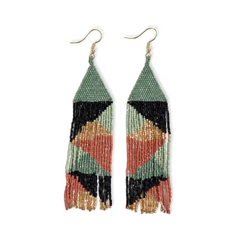 INK+ALLOY Brittany Mixed Triangles Beaded Fringe Earrings Greens + Rust