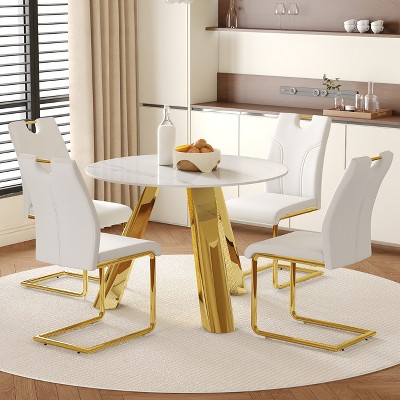 FURNIinspire Dining Sets Table And Chair Set, 42" White Round Sintered Stone Dining Table And 4 White Modern Dining Chairs With Stainless Steels Legs