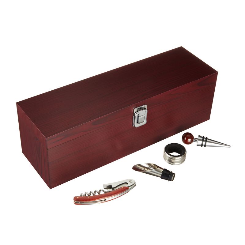 True Cherry 1-Bottle Wine Accessories Gift Set | Premium Corkscrew Opener Kit, Drip Ring, Wine Pourer, Stopper in Wood Case with Padded Insert, Brown, 3 of 9